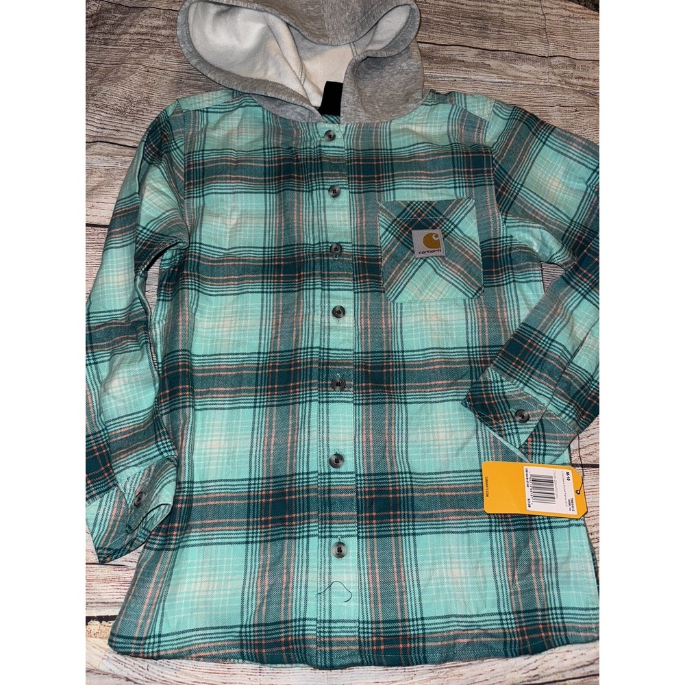 Carhartt Youth Medium (10) Girls Mint Green Plaid Hooded Flannel Shirt NEW